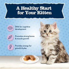 Blue Buffalo Baby Blue serving image shows a kitten enjoying tasty pate texture