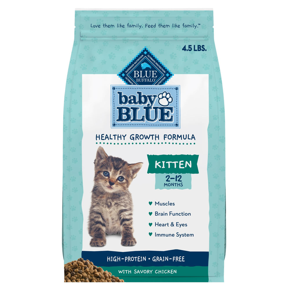 Blue Buffalo Baby Blue grain-free kitten food bag displays real chicken first ingredient.