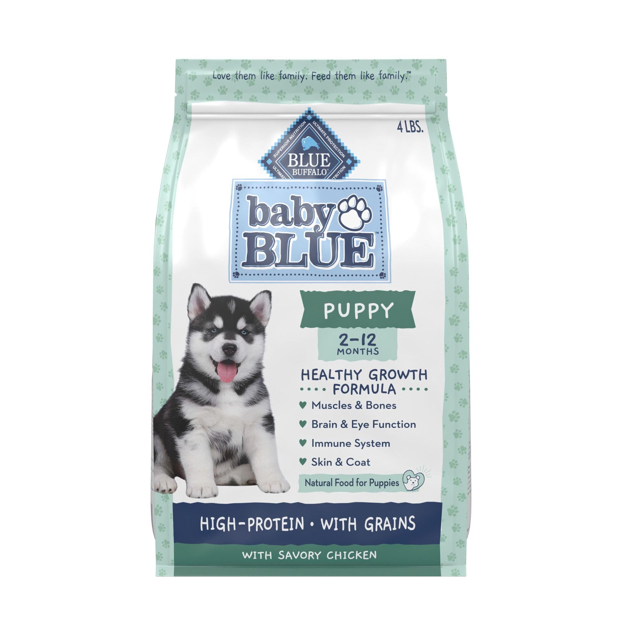 Blue Buffalo Baby BLUE puppy food bag front showing real chicken as the #1 ingredient