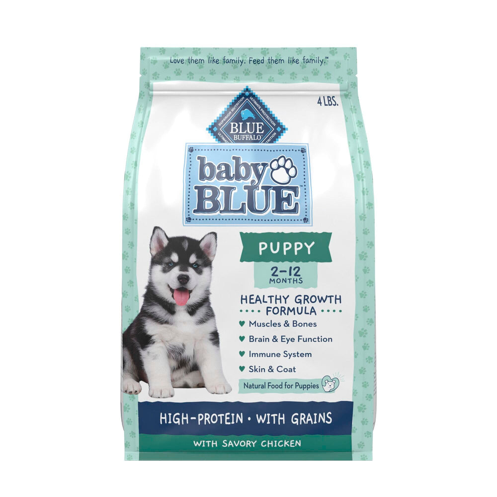 Blue Buffalo Baby BLUE puppy food bag front showing real chicken as the #1 ingredient