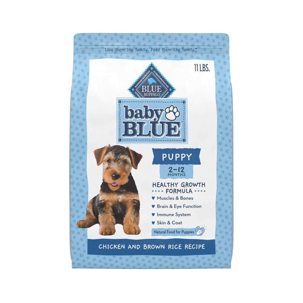 Blue Buffalo Baby BLUE dry puppy food shows real chicken first for balanced nutrition.