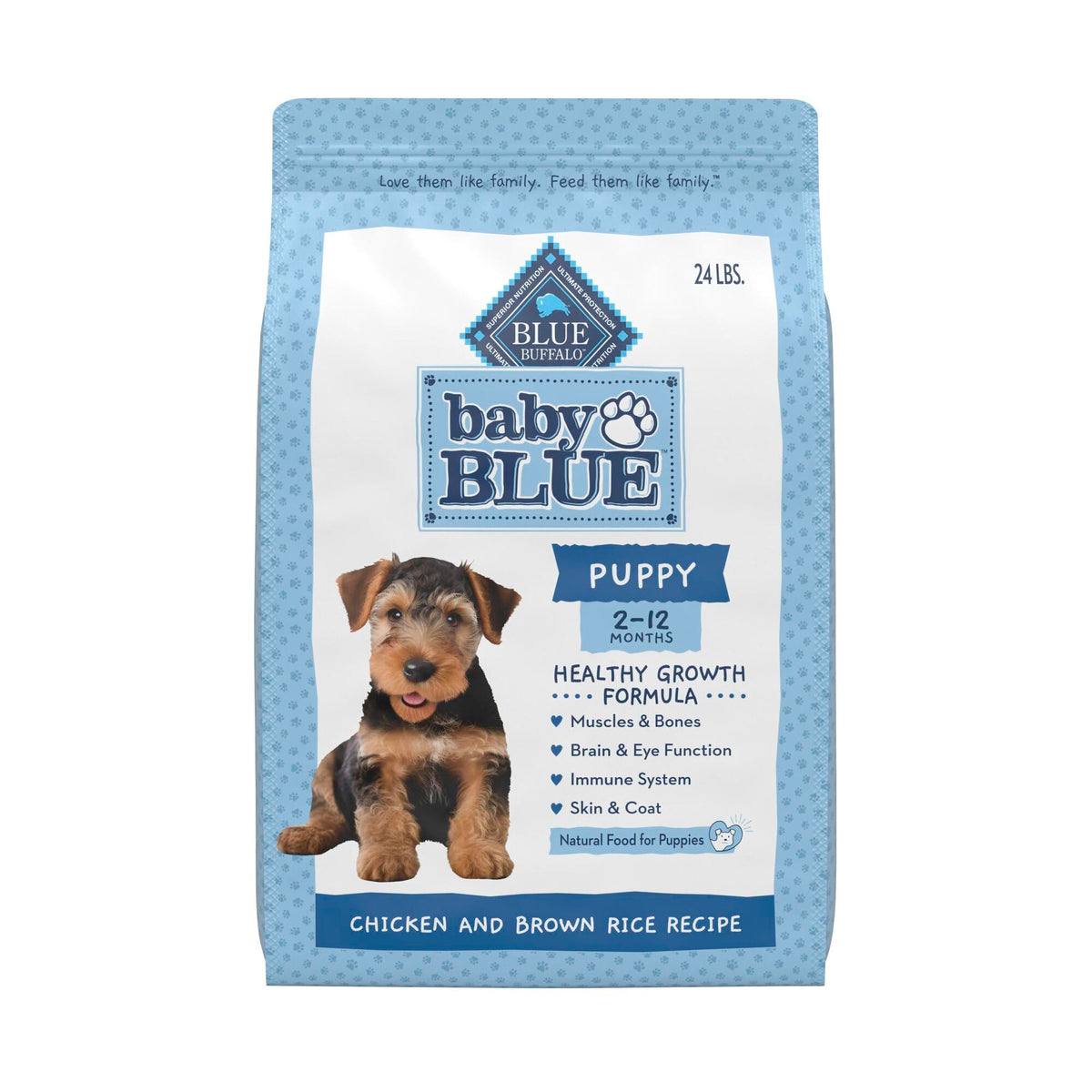Blue Buffalo Baby BLUE dry puppy food shows real chicken first for growth.