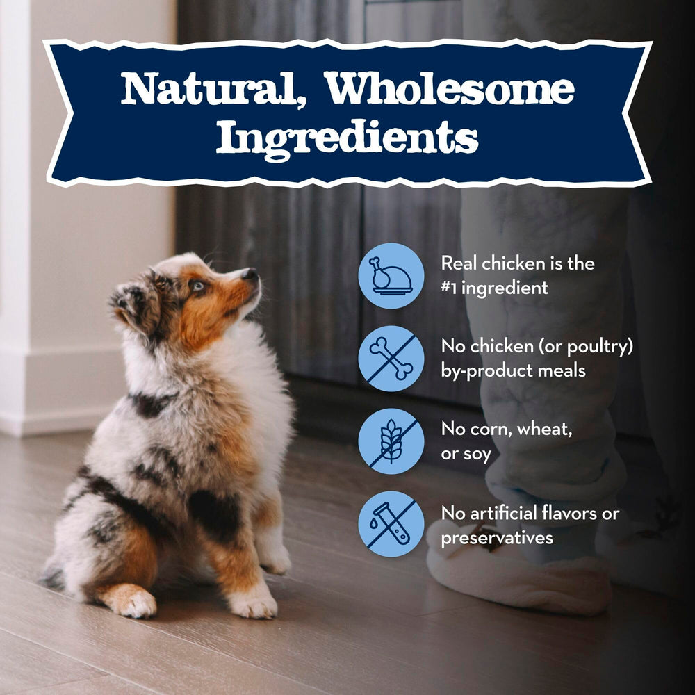 Packaging highlights DHA for cognitive development in Blue BLUE puppy food.