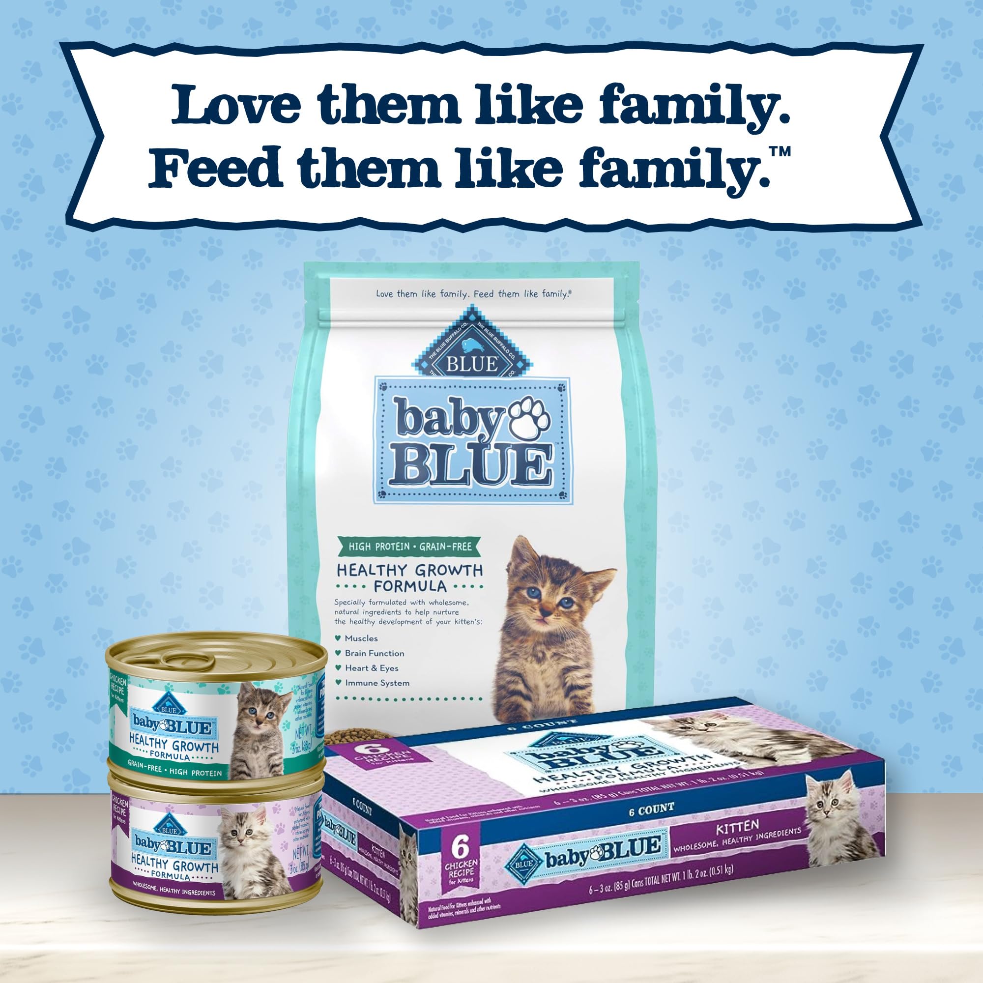 Blue Buffalo Baby Blue grain-free formula label showing no grains or by-product meals.