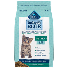 Blue Buffalo Baby Blue kitten dry food bag showing a 2-lb package and quality ingredients.