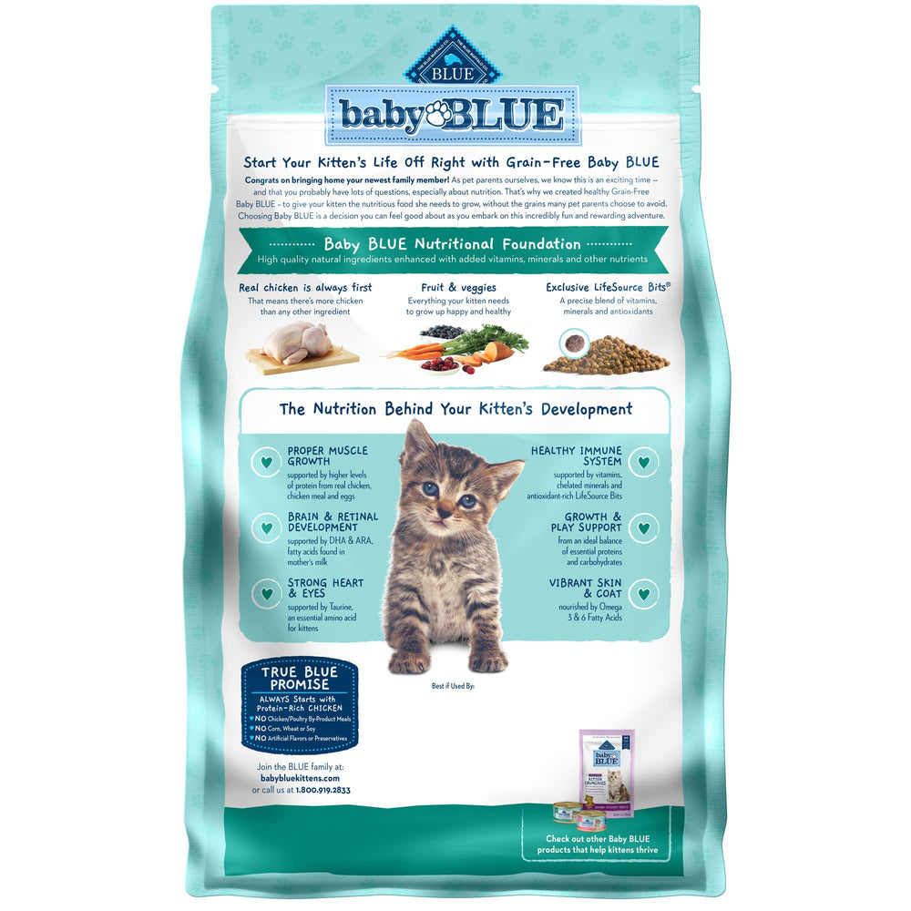 Blue Buffalo Baby Blue kitten dry food kibble close-up highlighting grain-free formula.