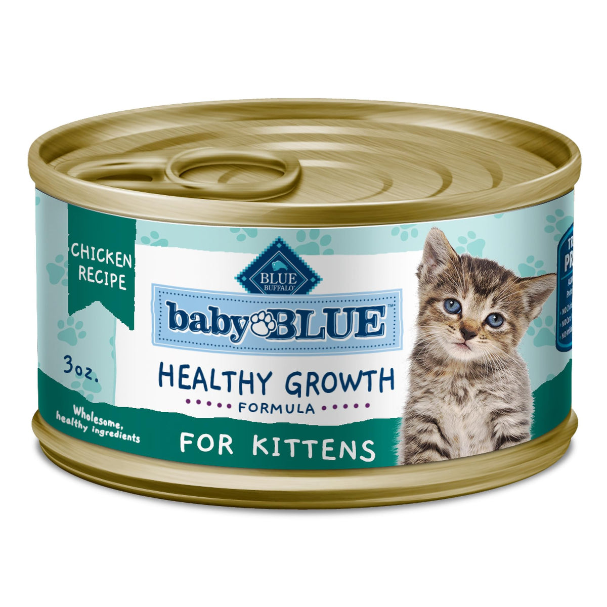 Blue Buffalo Baby BLUE kitten food can shows real chicken first ingredient for healthy growth.