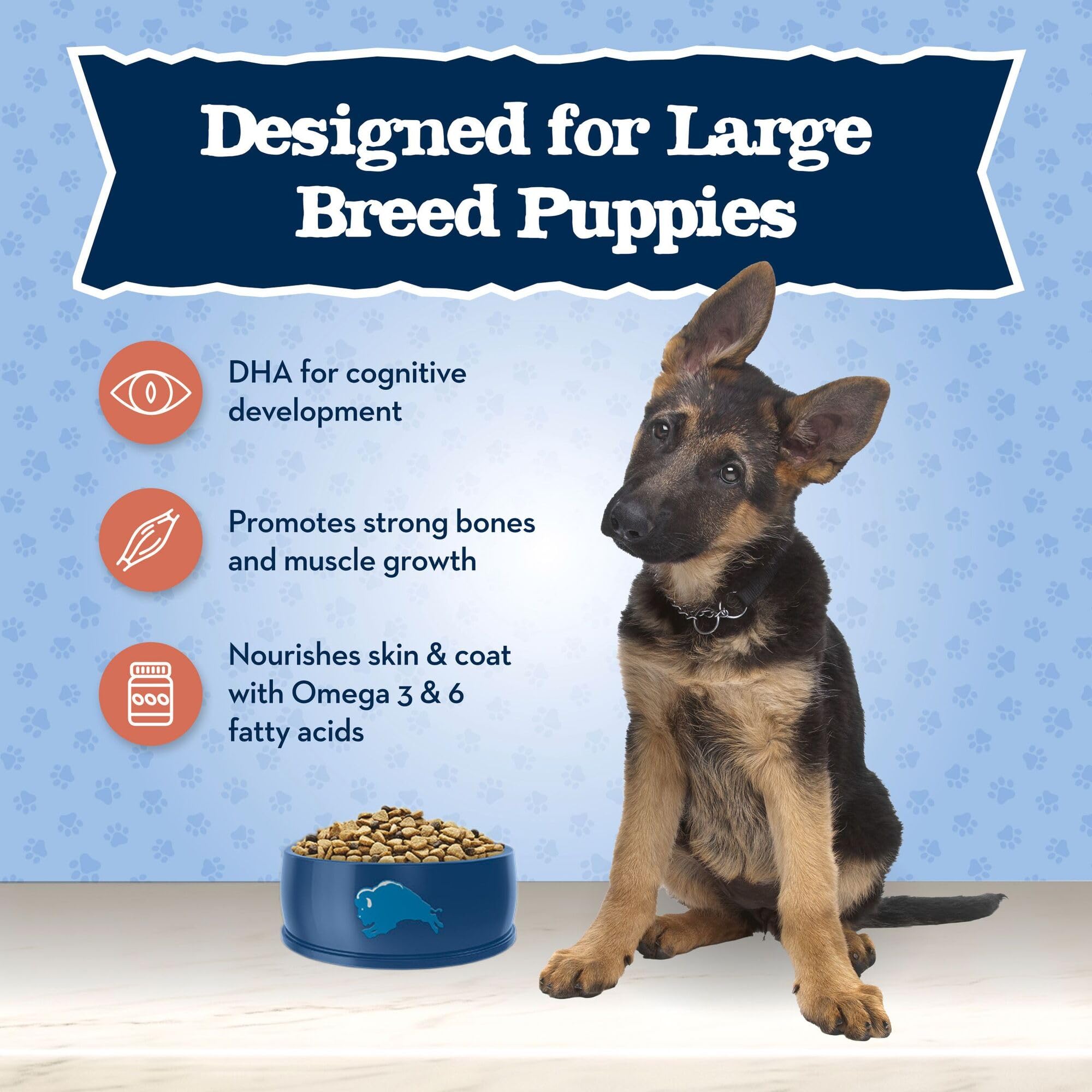 Blue Buffalo Baby BLUE large-breed puppy kibble close-up showcasing high-protein formula.