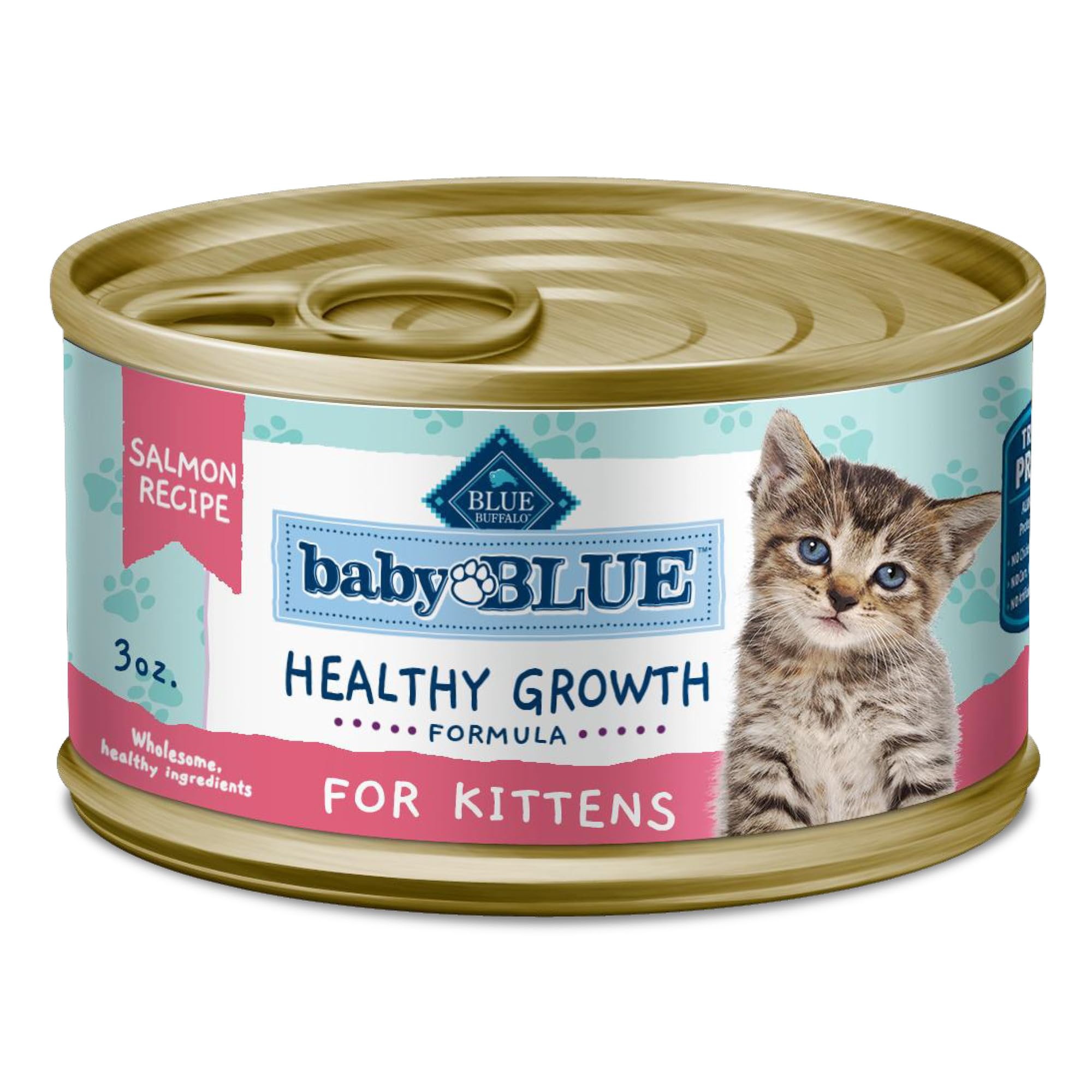Blue Buffalo Baby BLUE Salmon Paté 3oz can pack supports kitten protein needs.