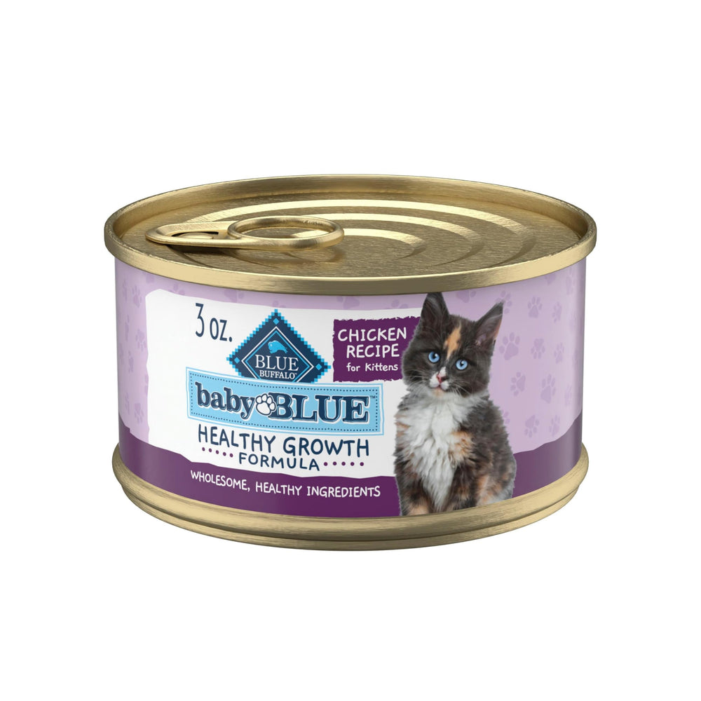 Blue Buffalo Baby Blue wet kitten food packaging highlights real chicken as the first ingredient
