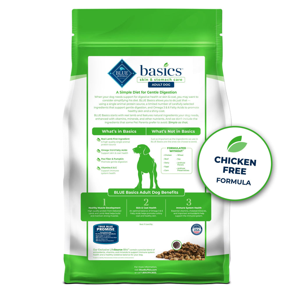 Blue Buffalo Basics adult dog formula promotes healthy skin and coat with omega fatty acids.
