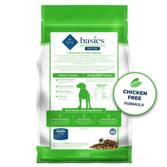 Blue Buffalo Basics adult dog formula promotes healthy skin and coat with omega fatty acids.