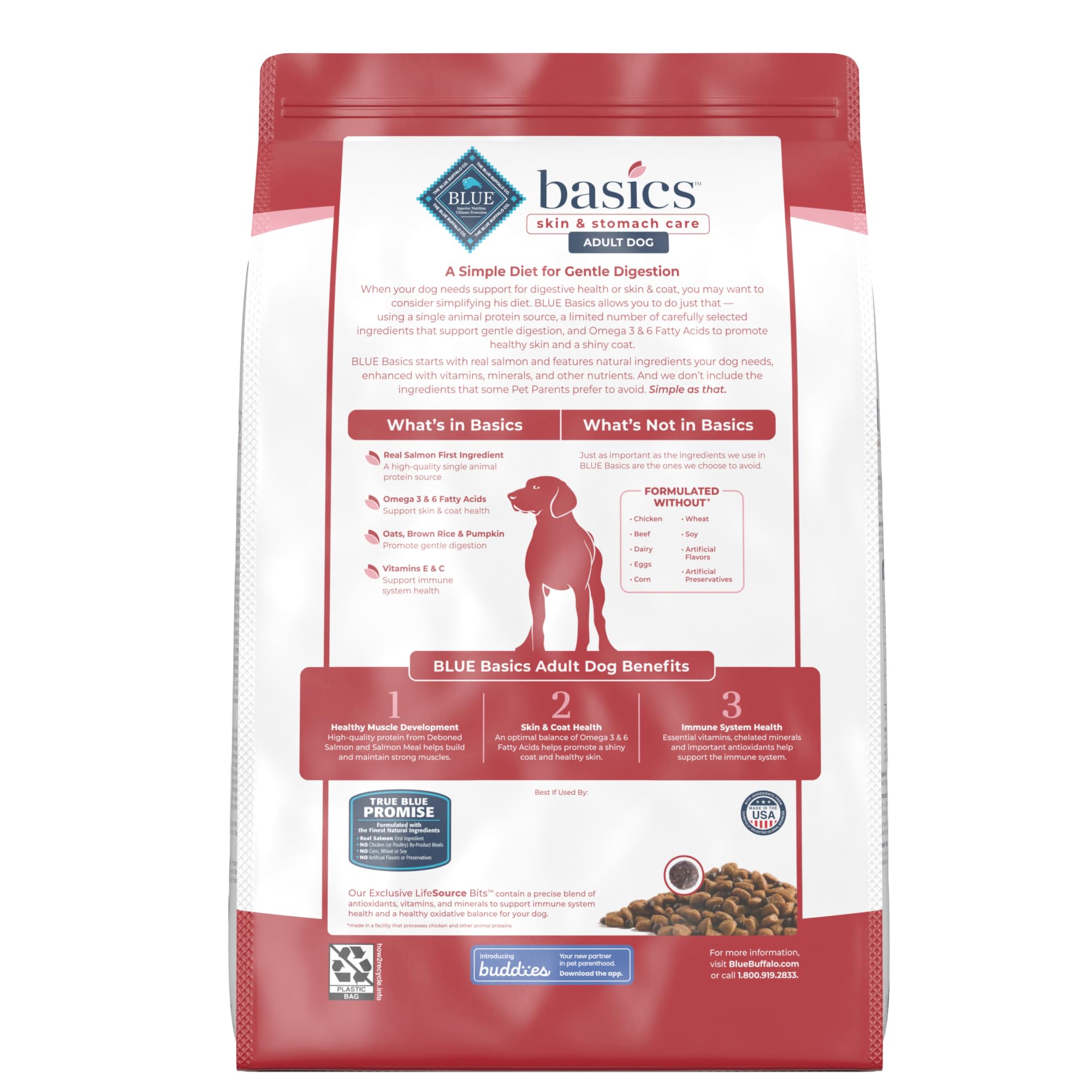 Blue Buffalo Basics adult dog formula designed for skin and coat health.
