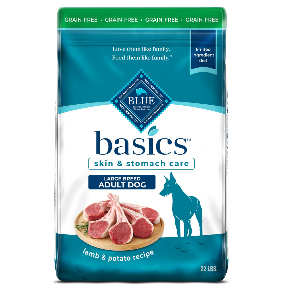 Blue Buffalo Basics adult large breed lamb-potato bag shows real lamb as first ingredient and grain-free formula