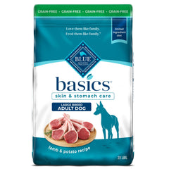 Blue Buffalo Basics adult large breed lamb-potato bag shows real lamb as first ingredient and grain-free formula