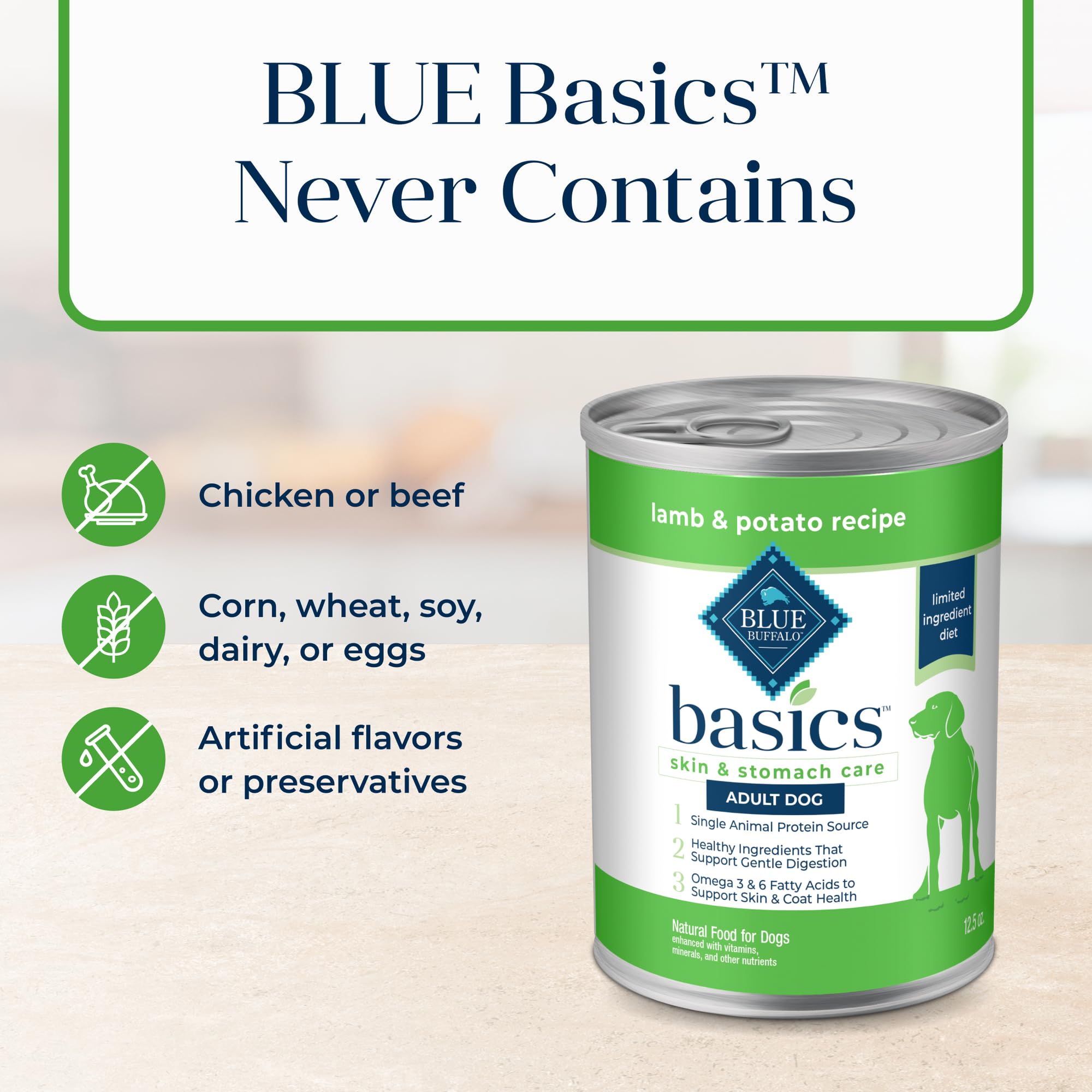 Blue Buffalo Basics adult wet dog food can with clear lamb focus