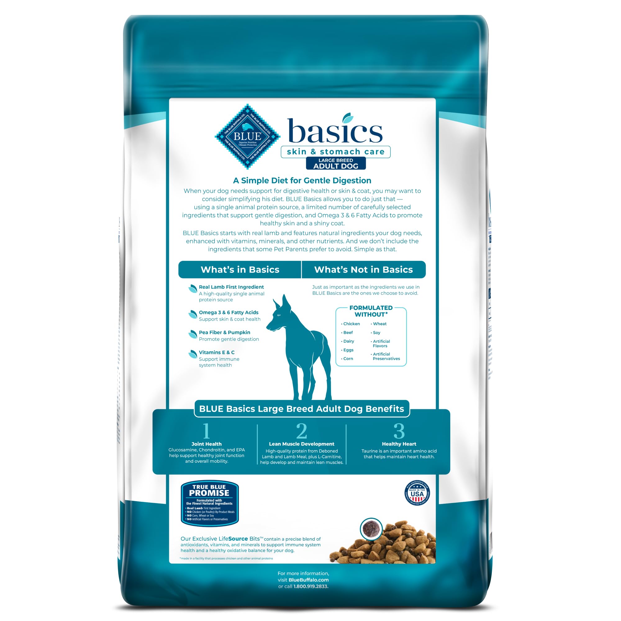 Blue Buffalo Basics lamb kibble close-up highlights texture for sensitive stomachs