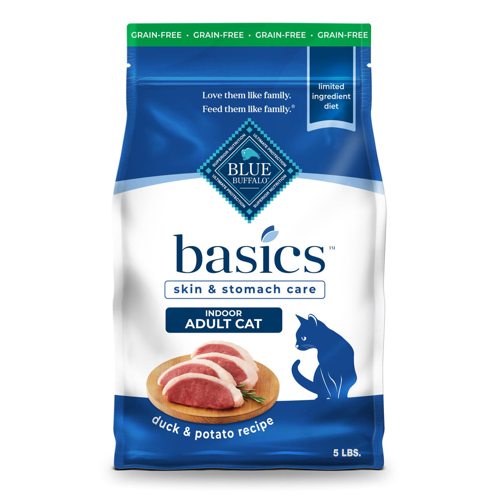 Blue Buffalo Basics duck potato bag front shows grain-free indoor cat formula