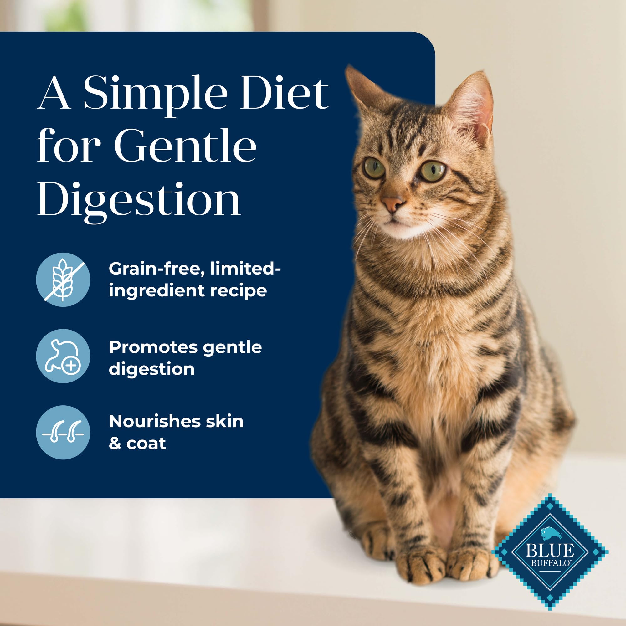 Blue Buffalo Basics first ingredient fish emphasizes protein-forward recipe for cats.