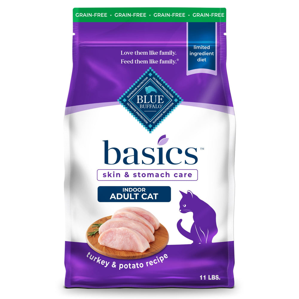 Blue Buffalo Basics grain-free dry cat food bag featuring turkey and potato for indoor cats.