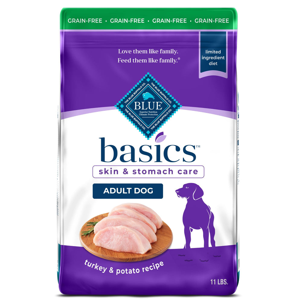 Blue Buffalo Basics grain-free turkey and potato bag front highlighting natural ingredients