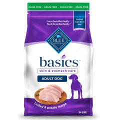 Blue Buffalo Basics grain-free turkey kibble in a 24-lb bag supports gentle digestion.