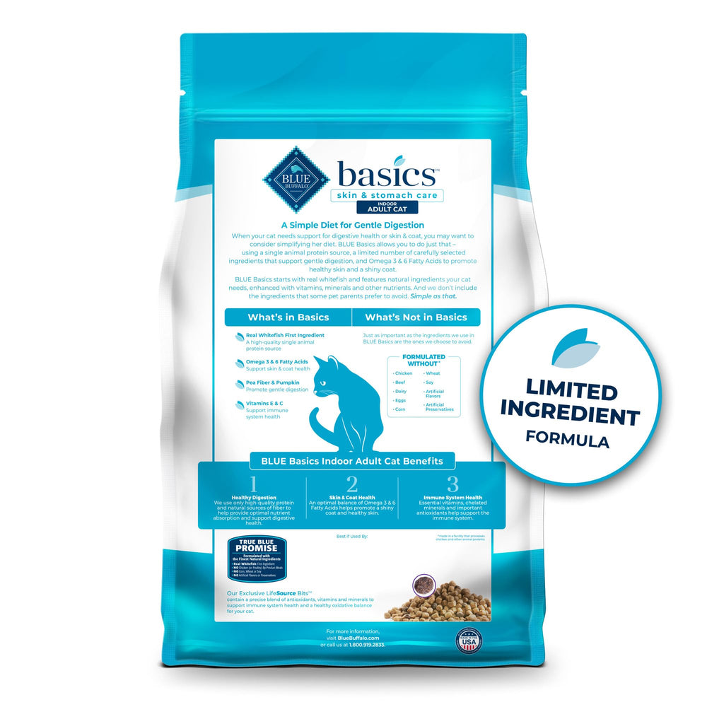 Indoor cat diet by Blue Buffalo Basics emphasizes skin and coat support.
