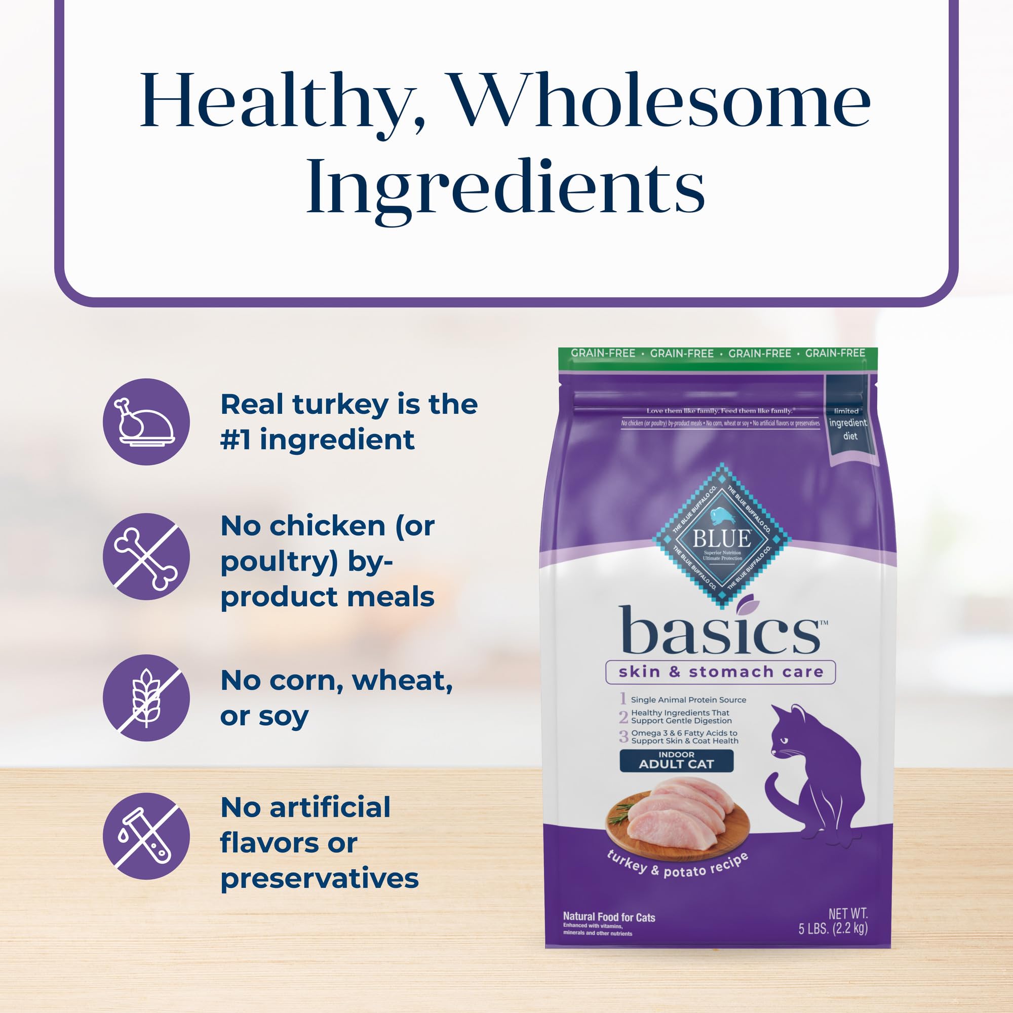 Blue Buffalo Basics indoor cat kibble serving scene illustrates easy-to-digest formula