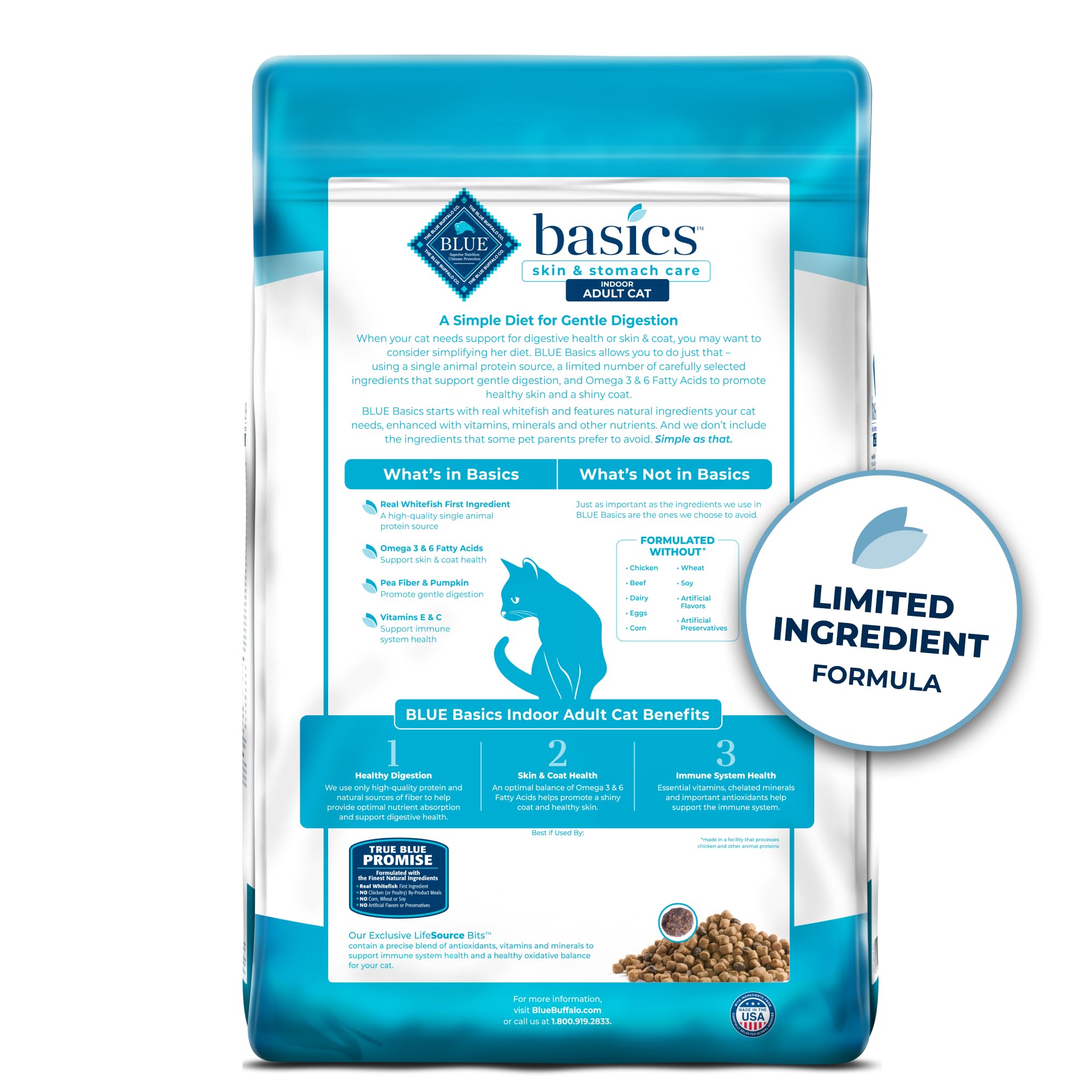 Blue Buffalo Basics ingredients close-up highlights high-quality ingredients.
