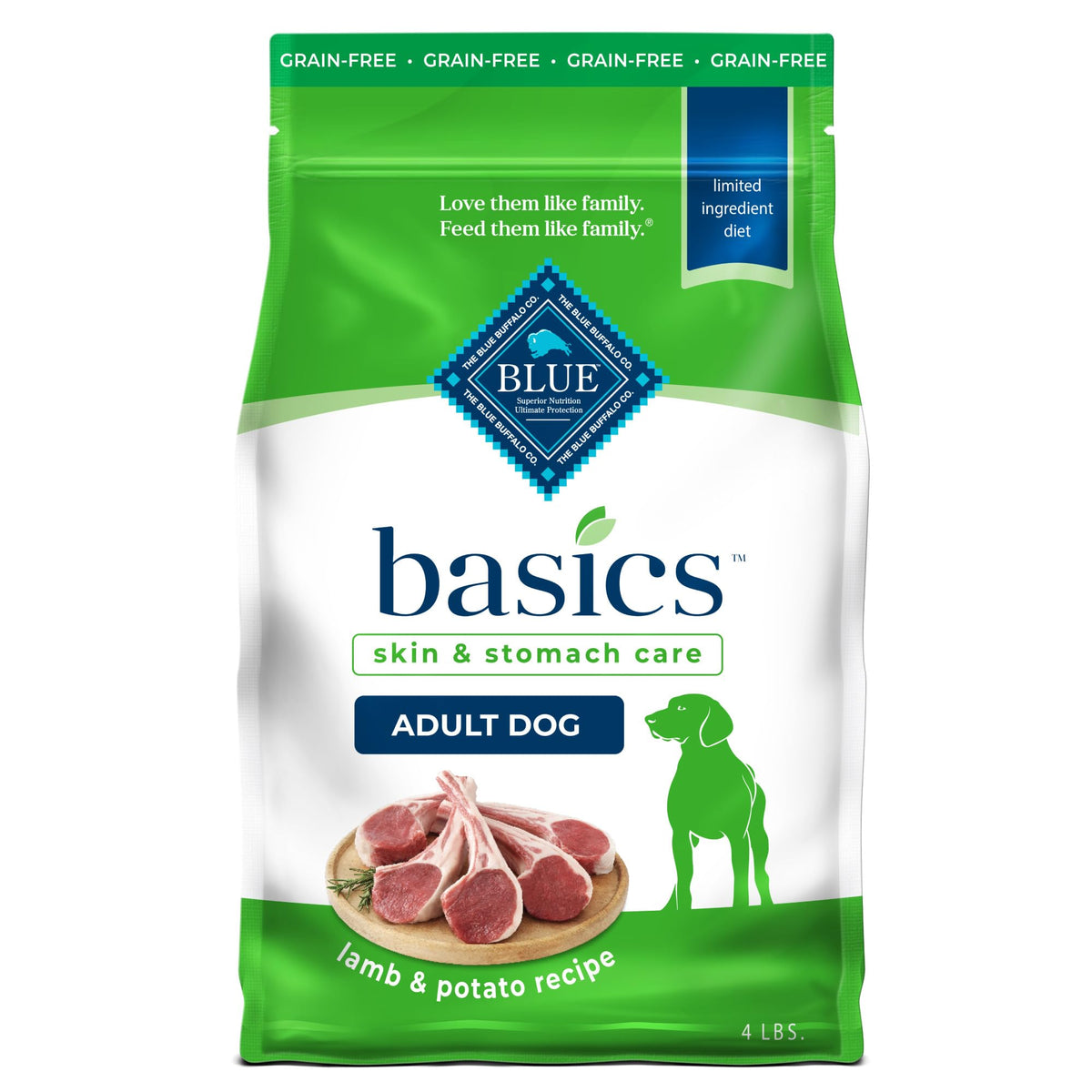 Blue Buffalo Basics lamb-potato dry dog food bag highlights real lamb first ingredient for protein-rich meals
