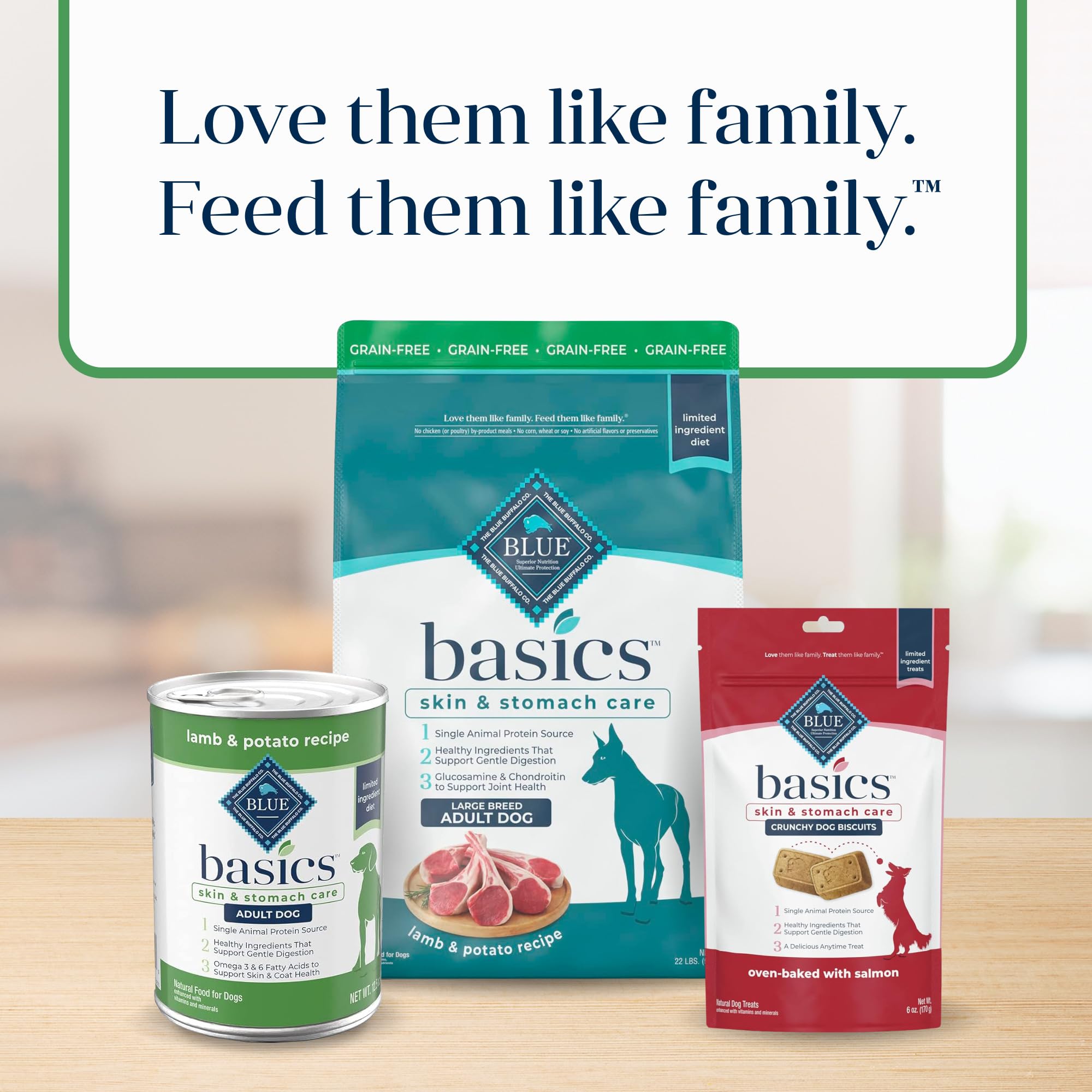 Blue Buffalo Basics lamb-potato ingredient list close-up communicates digestible carbs