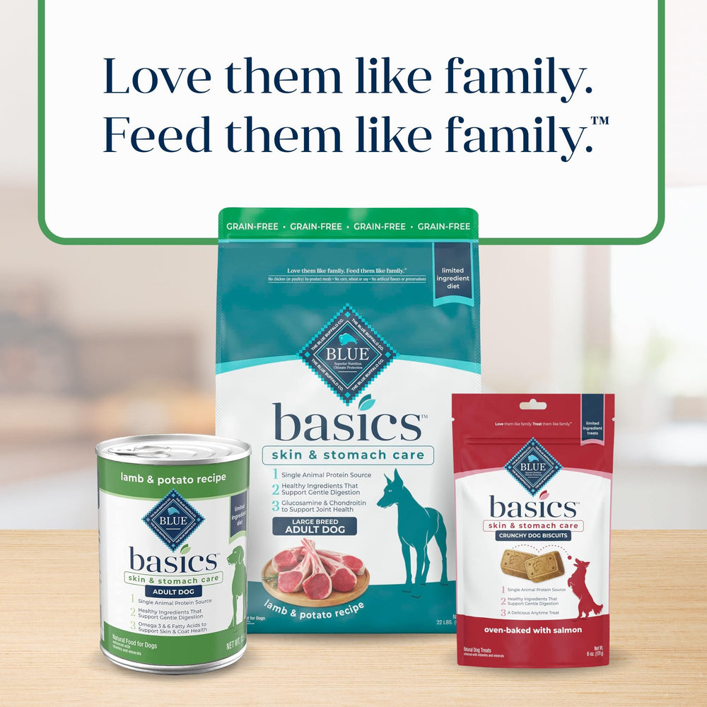 Blue Buffalo Basics lamb-potato ingredient list close-up communicates digestible carbs