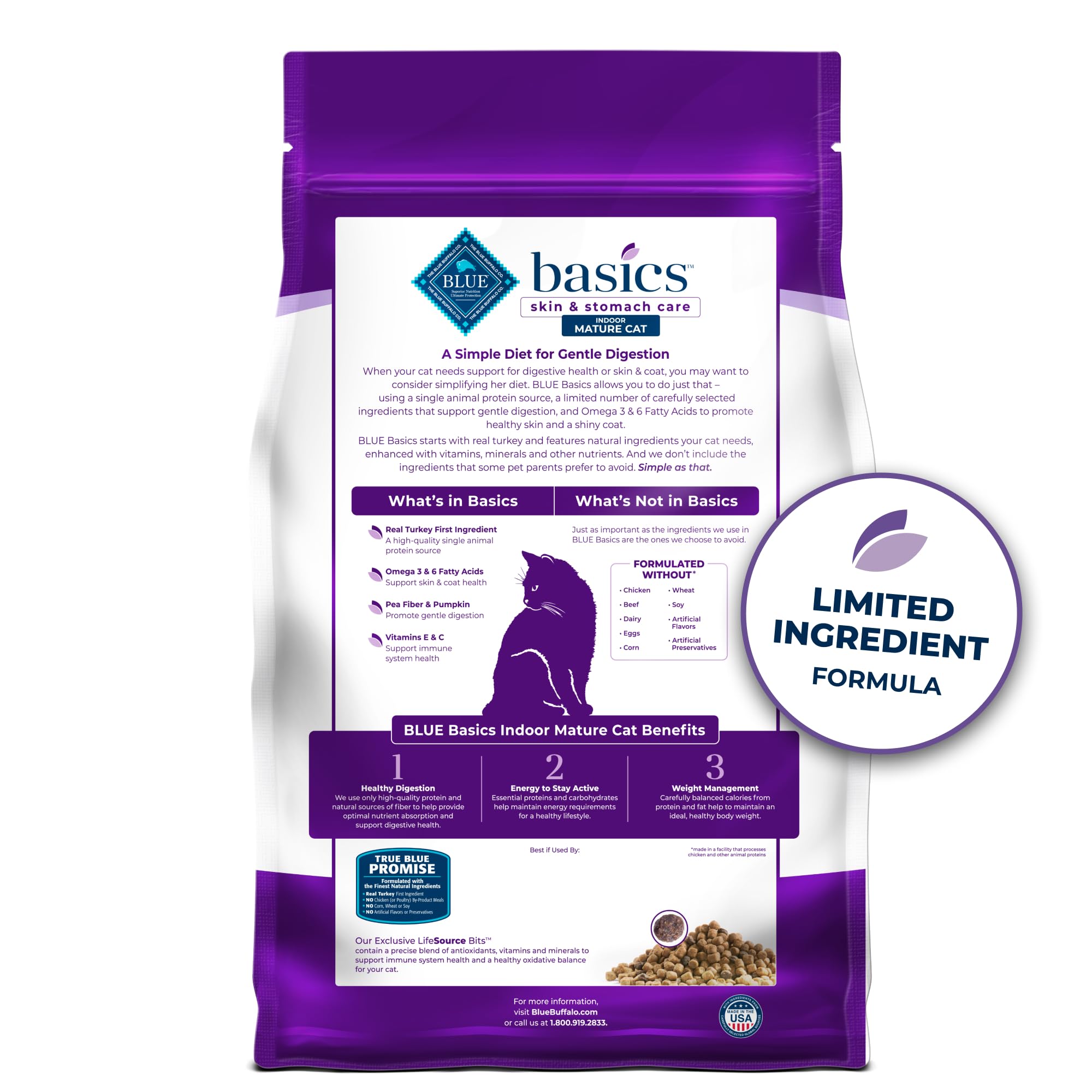 Blue Buffalo Basics mature cat grain-free dry food enhances overall balance.