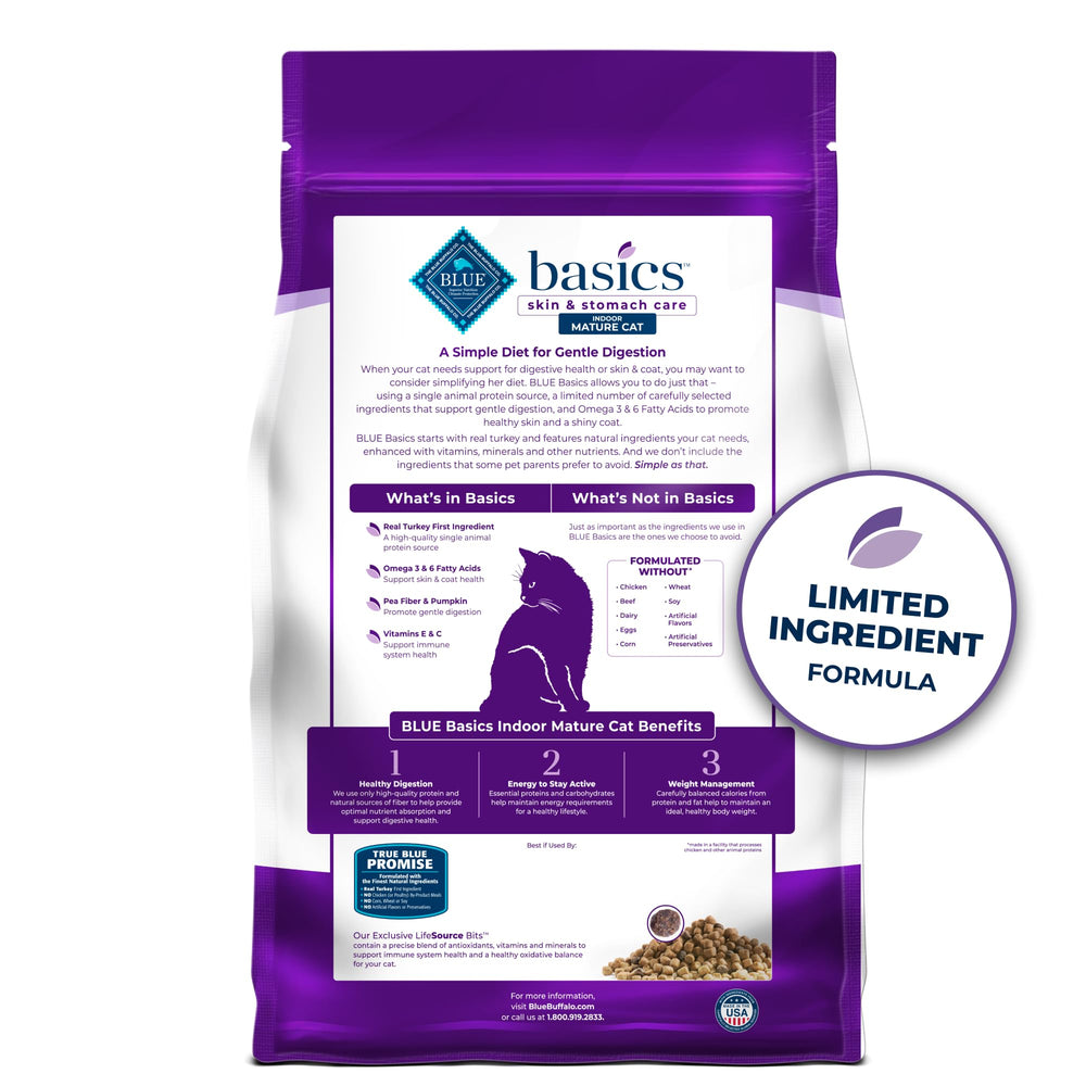 Blue Buffalo Basics mature cat grain-free dry food enhances overall balance.