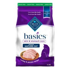 Blue Buffalo Basics mature cat turkey first ingredient supports gentle digestion.