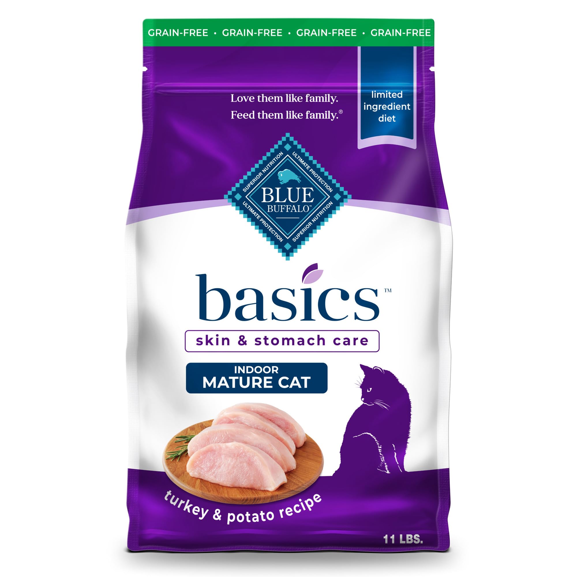 Blue Buffalo Basics Mature Turkey First Ingredient promotes gentle digestion for indoor cats