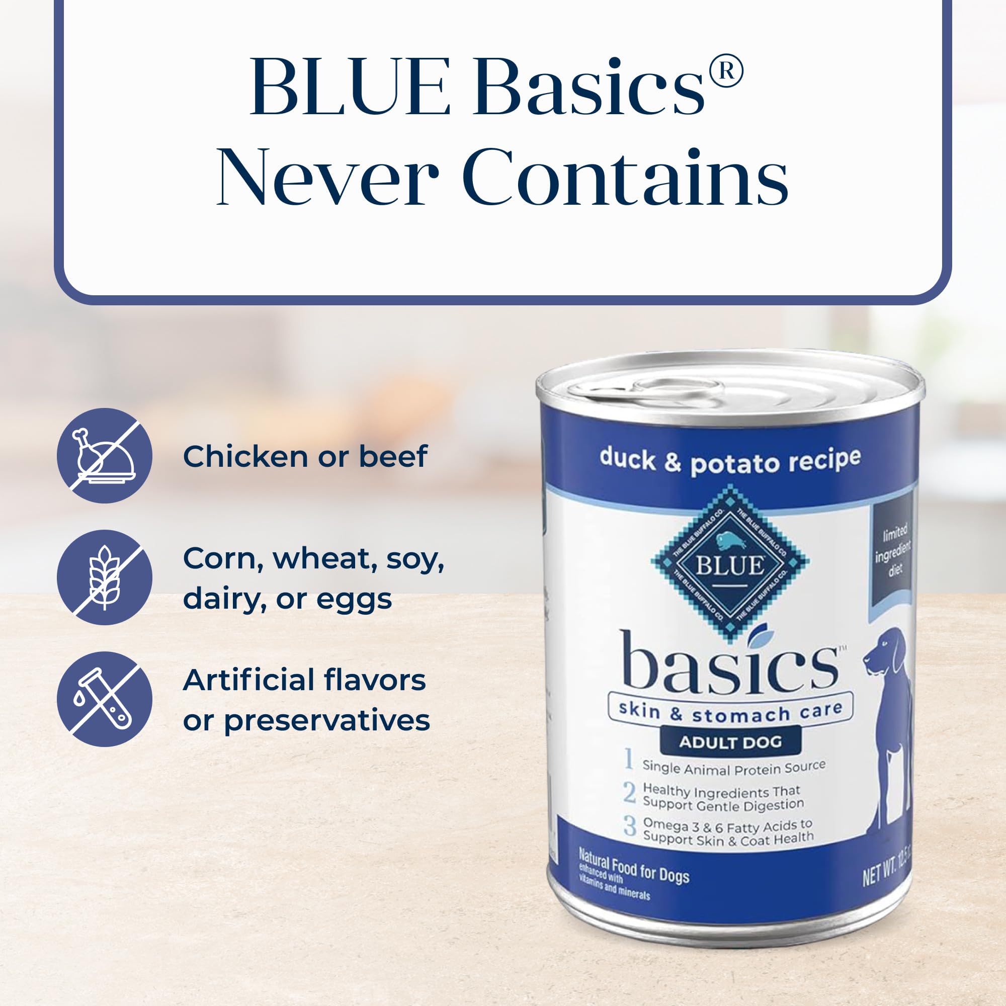 Blue Buffalo Basics no-corn-wheat-soy image highlighting free-from common allergens