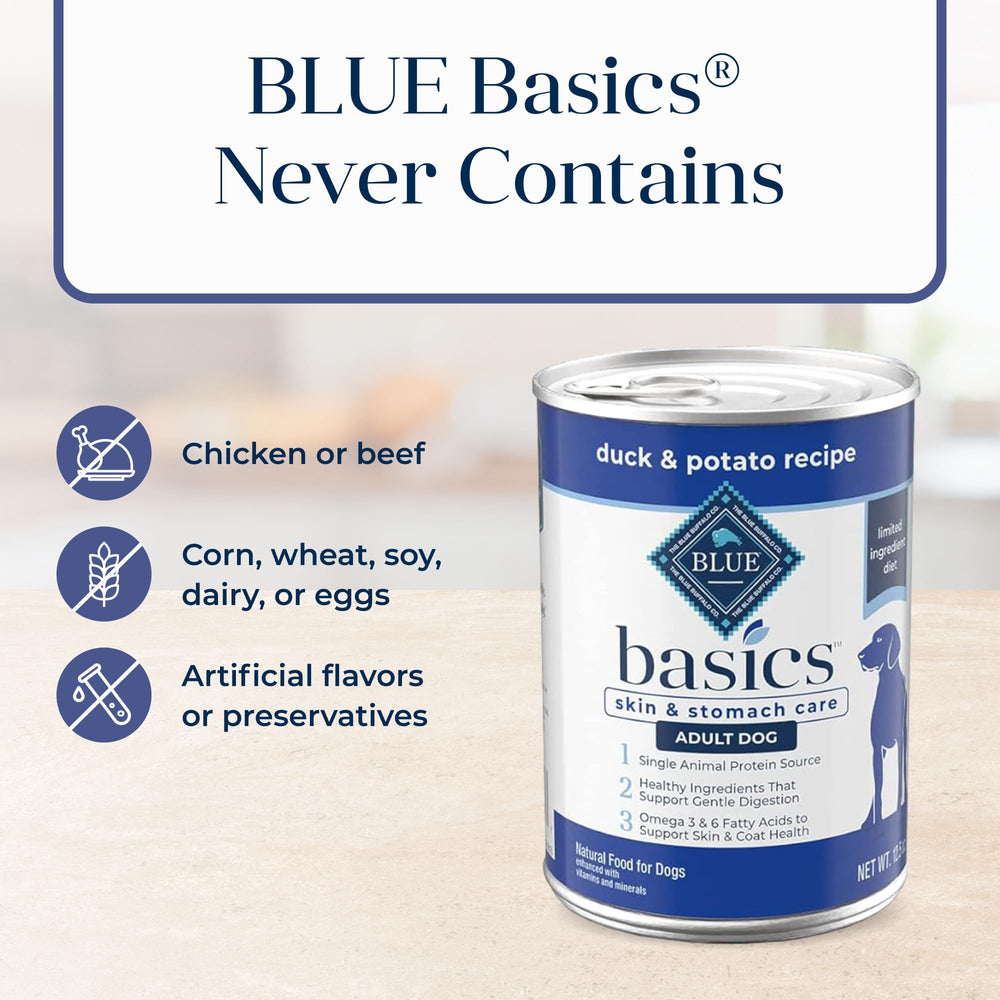Blue Buffalo Basics no-corn-wheat-soy image highlighting free-from common allergens