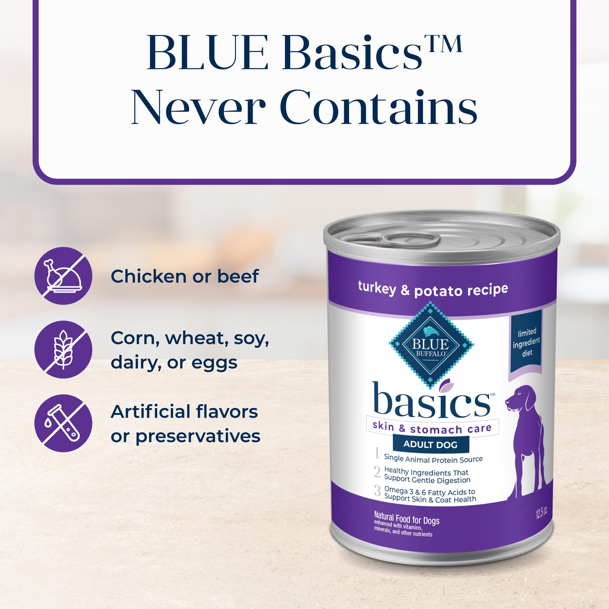 Blue Buffalo Basics no-corn-wheat-soy image supports allergy-conscious feeding choices.