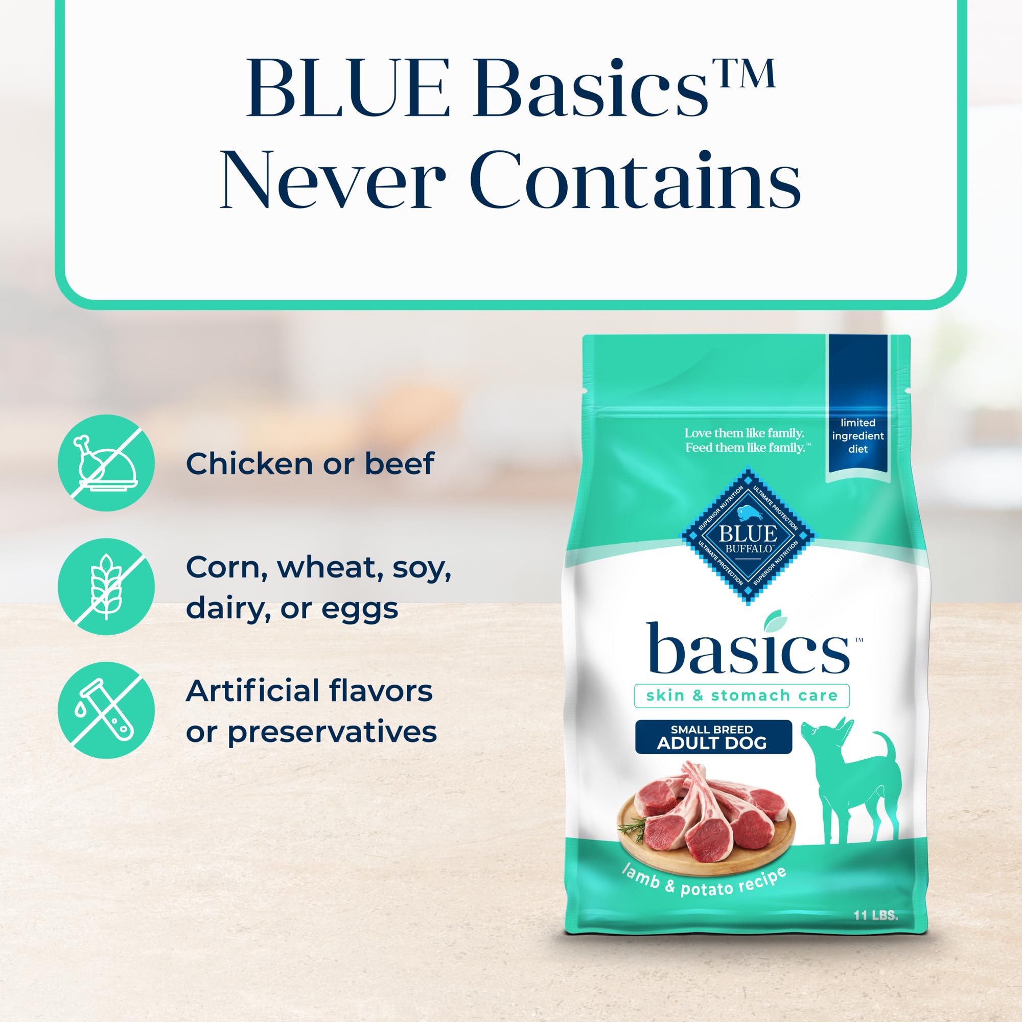 Blue Buffalo Basics no-corn-wheat-soy shown on label