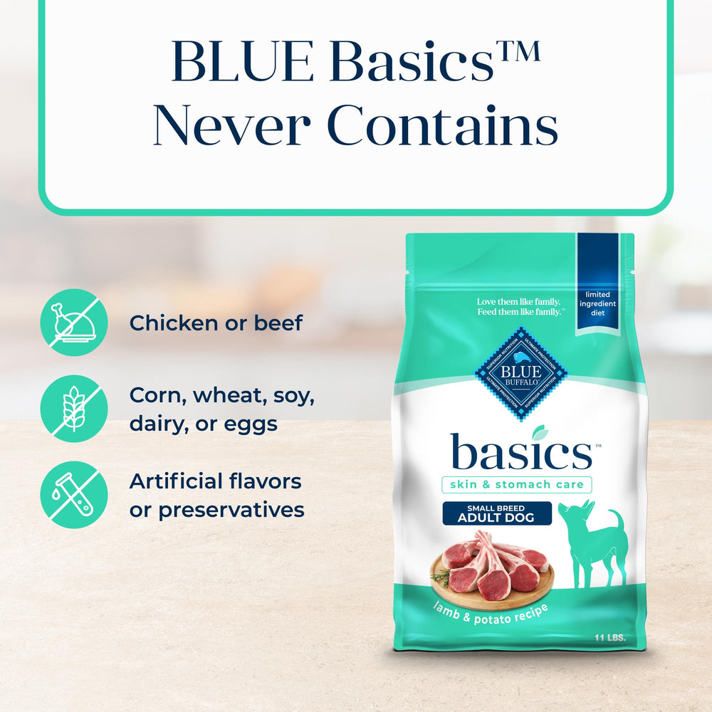 Blue Buffalo Basics no-corn-wheat-soy shown on label