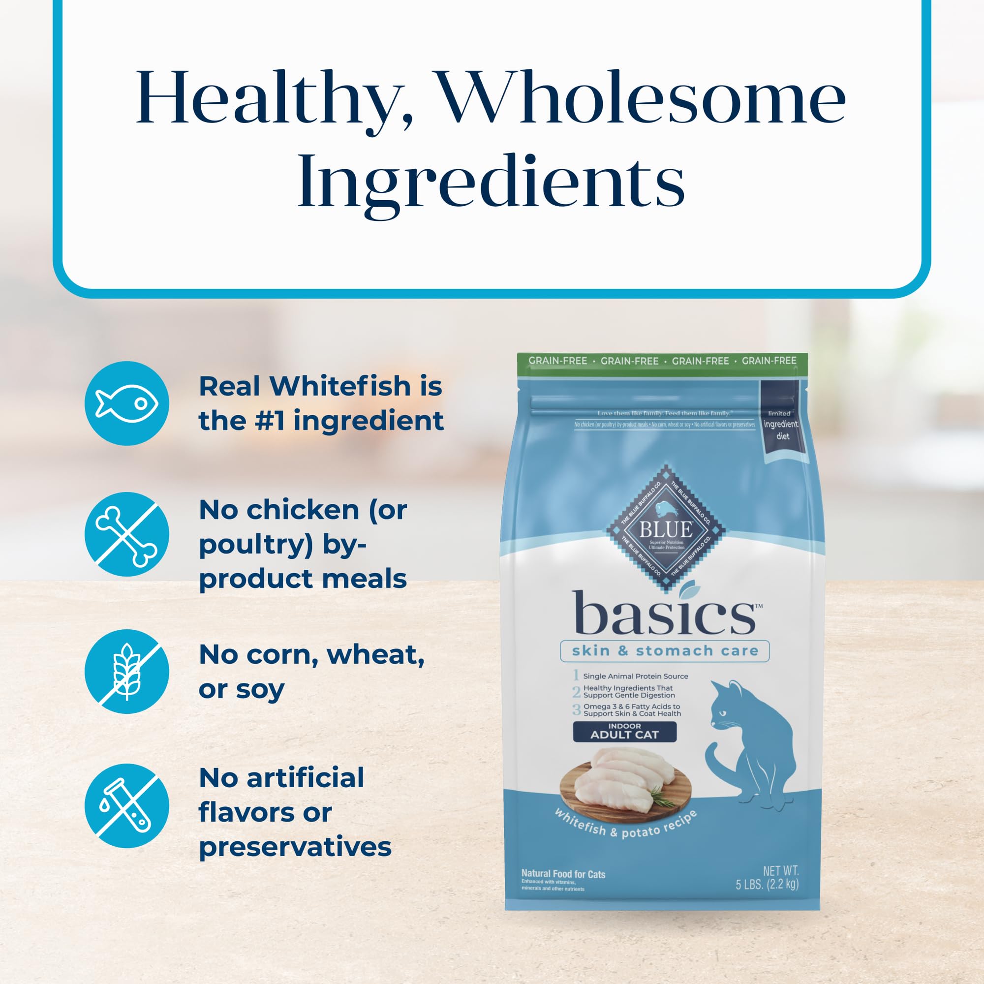 Close-up of omega-3 and omega-6 fatty acids for coat health in Blue Buffalo Basics.