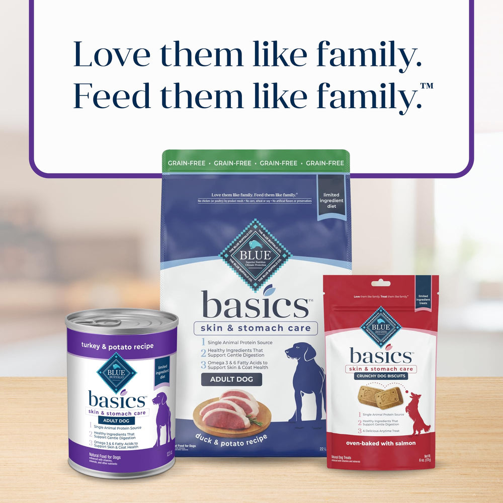 Blue Buffalo Basics omega-3-6 image suggests coat shine and immune support.