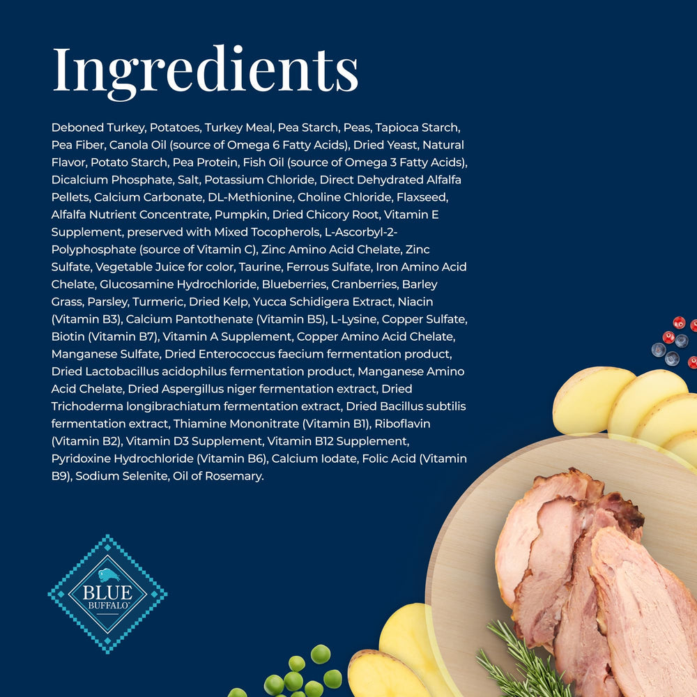 Blue Buffalo Basics omega-3 and -6 fatty acids support skin and coat health.