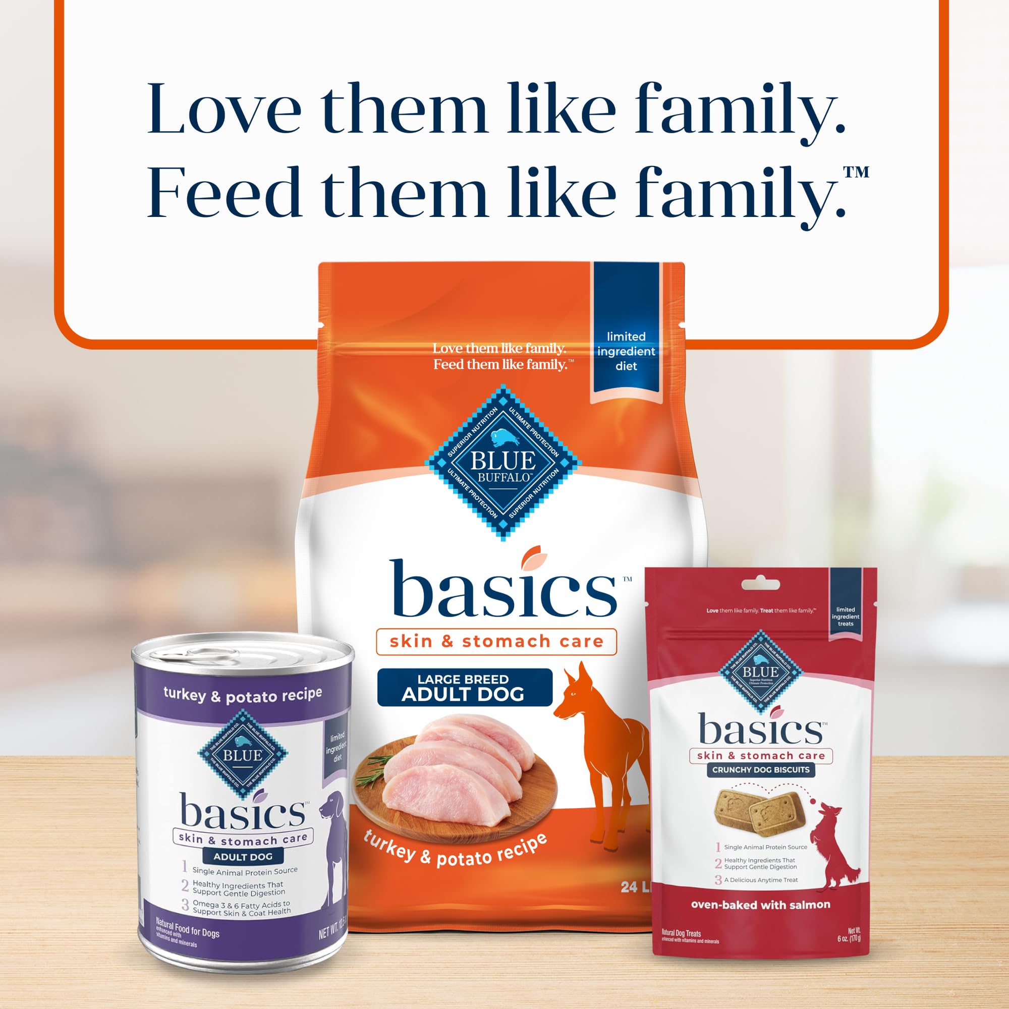 Blue Buffalo Basics packaging highlights essential ingredients and benefits