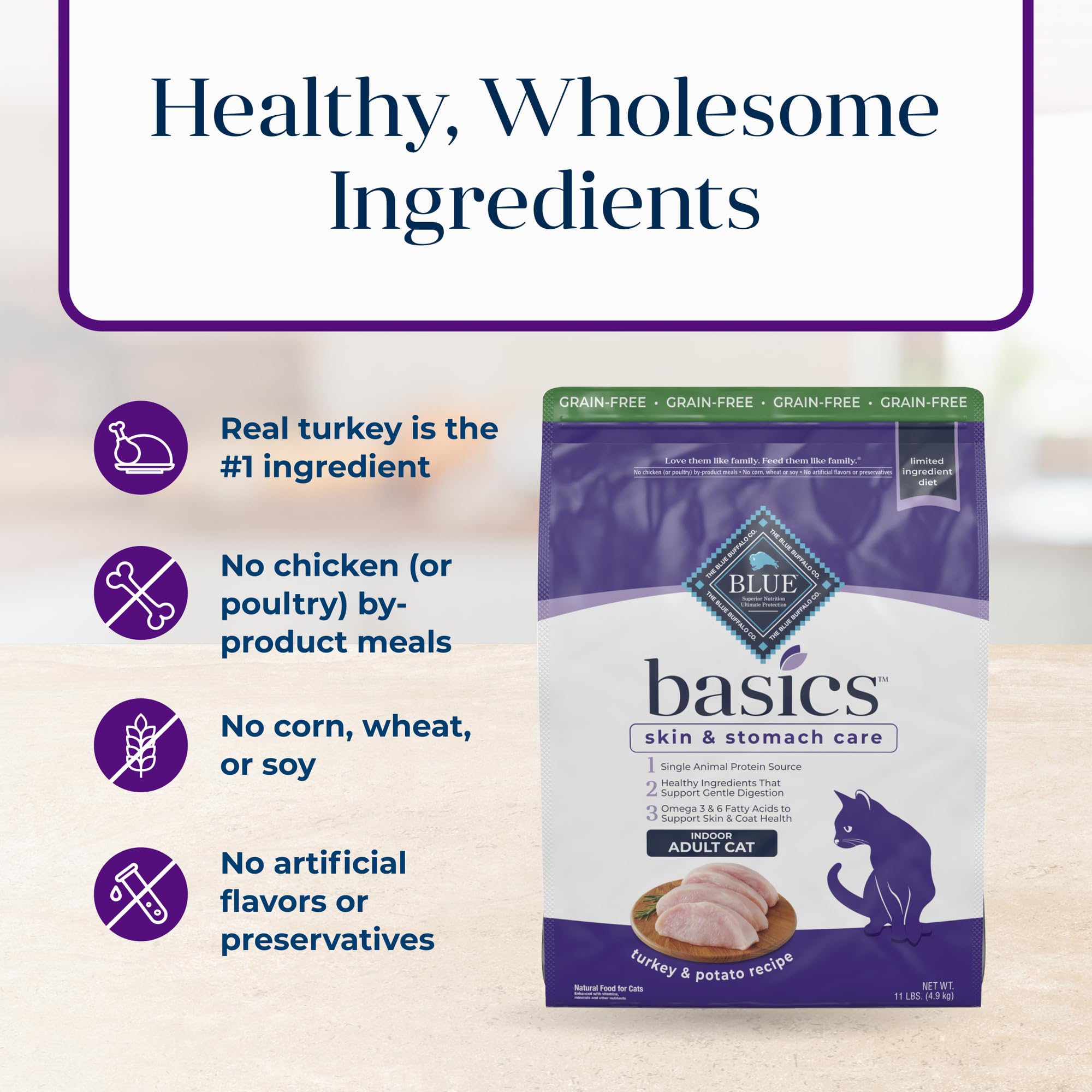 Blue Buffalo pumpkin and pea fiber visuals highlight digestion-friendly ingredients.