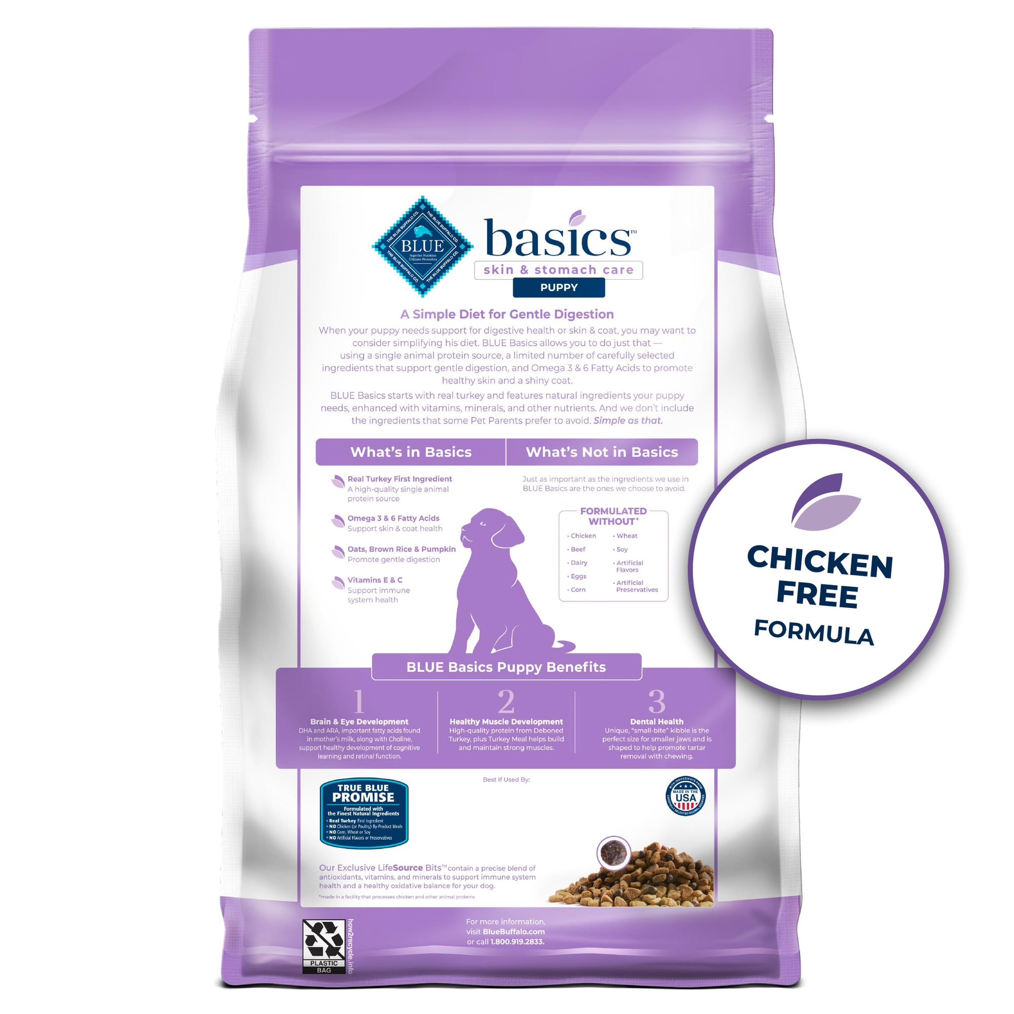 Blue Buffalo Basics Puppy digestive-support kibble with DHA and ARA aids brain and eye development.