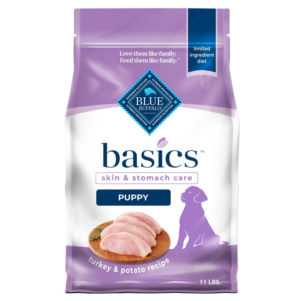 Blue Buffalo Basics Puppy Dry Food with Turkey First Ingredient supports healthy growth.