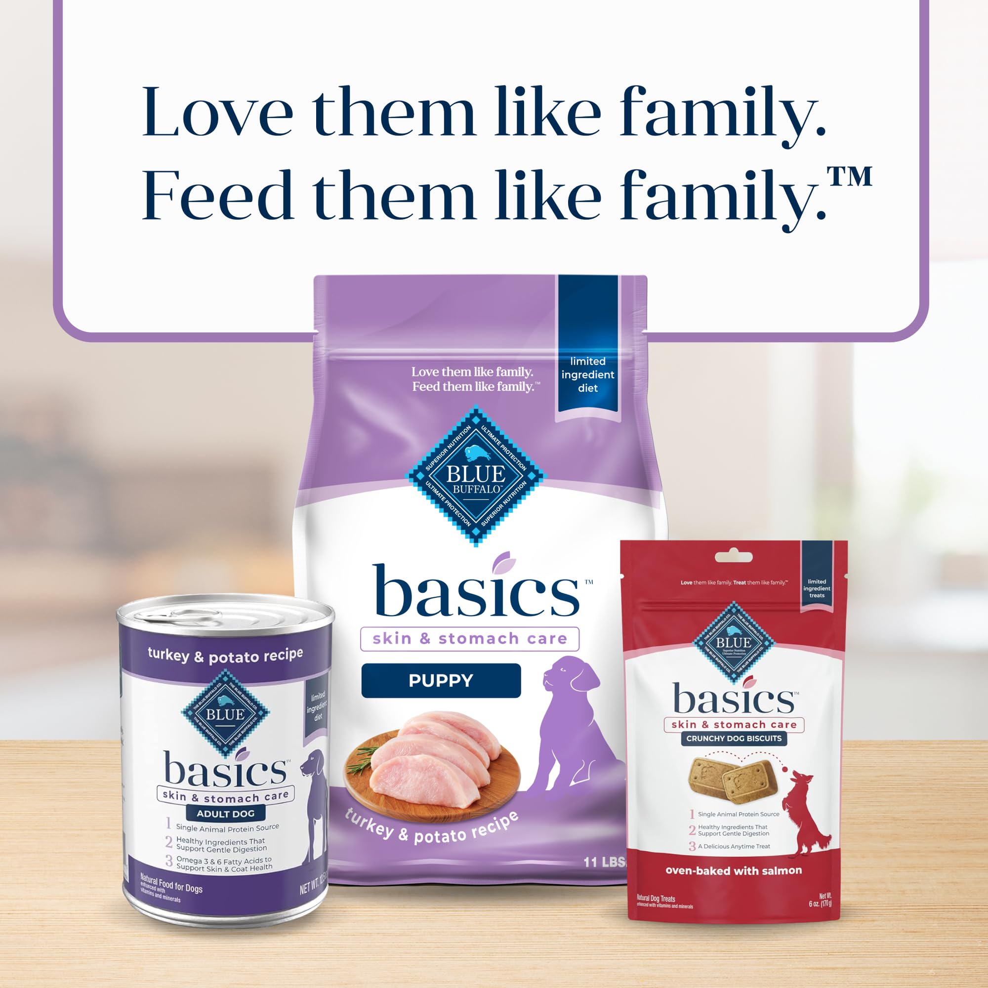 Blue Buffalo Basics Puppy real turkey first ingredient supports muscle growth.