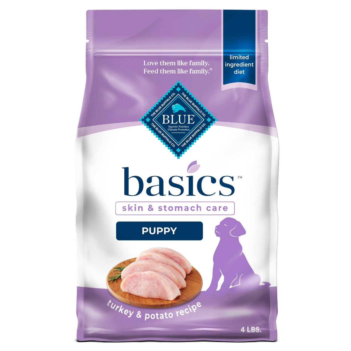 Blue Buffalo Basics Puppy turkey-first-ingredient kibble promotes lean muscles and digestibility.